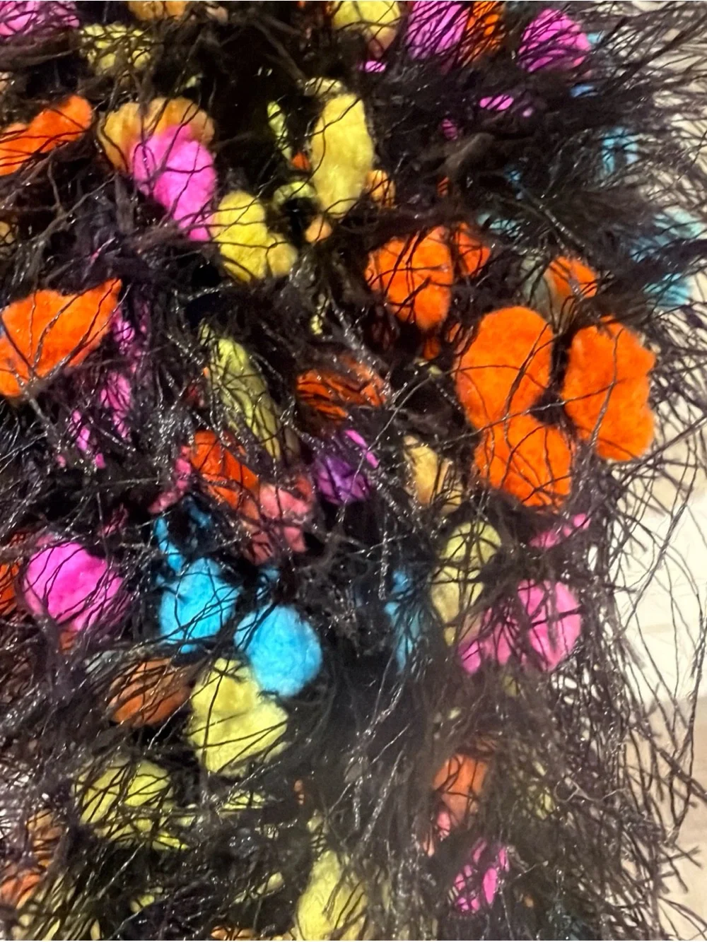 Fuzzy Black Eyelash Scarf with Multicolor Pom Accents - Women's Accessory Y2K